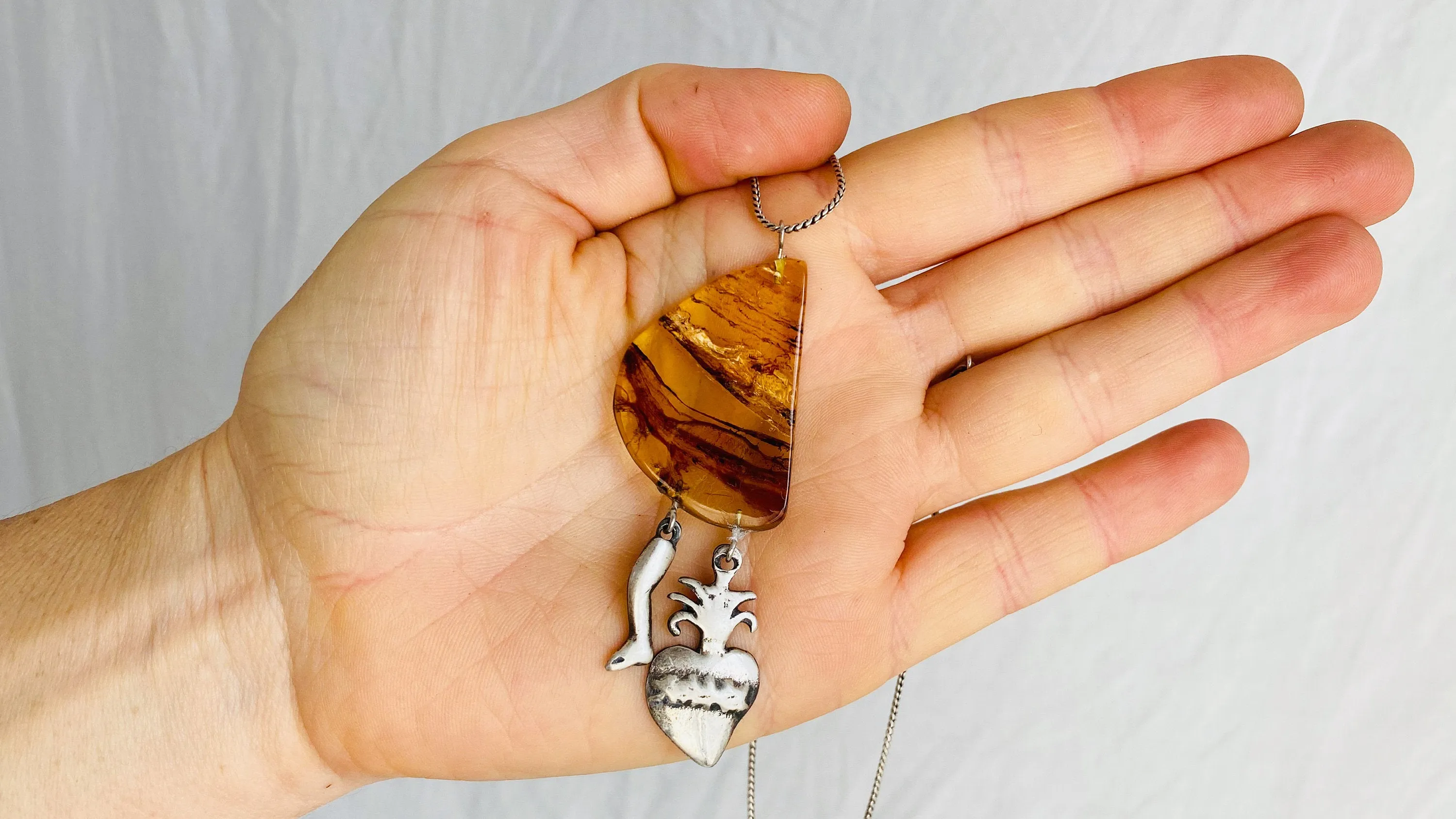 Amber & Milagro Pendants Necklace. Mexico. Sterling Silver and Amber.
