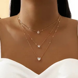 Crystal Zircon Heart Star Charm Layered Necklace