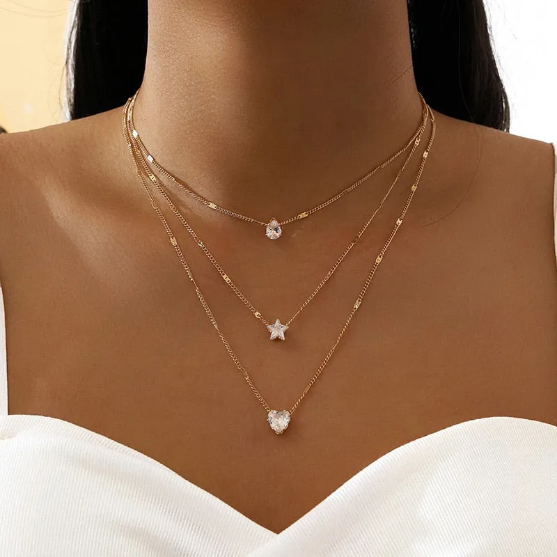 Crystal Zircon Heart Star Charm Layered Necklace