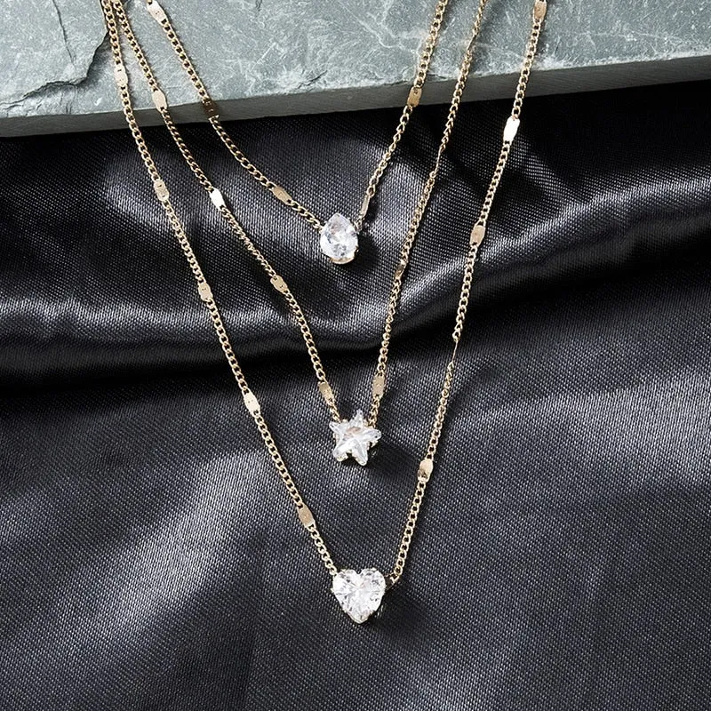 Crystal Zircon Heart Star Charm Layered Necklace
