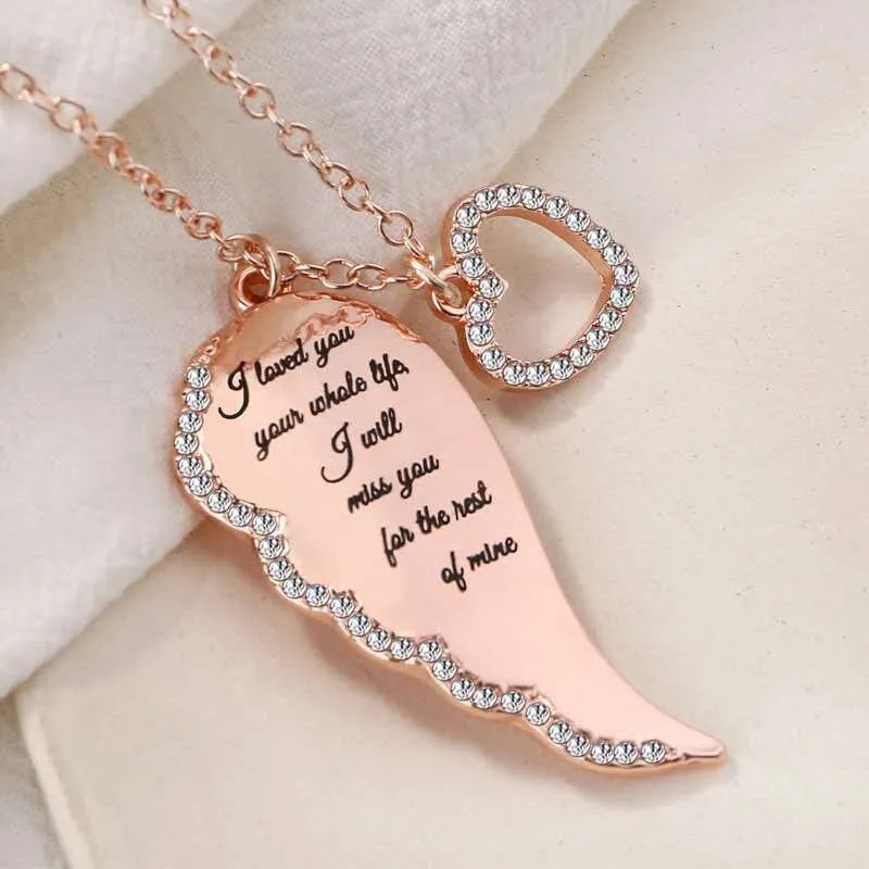 Delysia King Women&#39;s Angel Wings Love Pendant Trendy Metal Crystal Inlay Printing Hollowed Out Heart Necklace