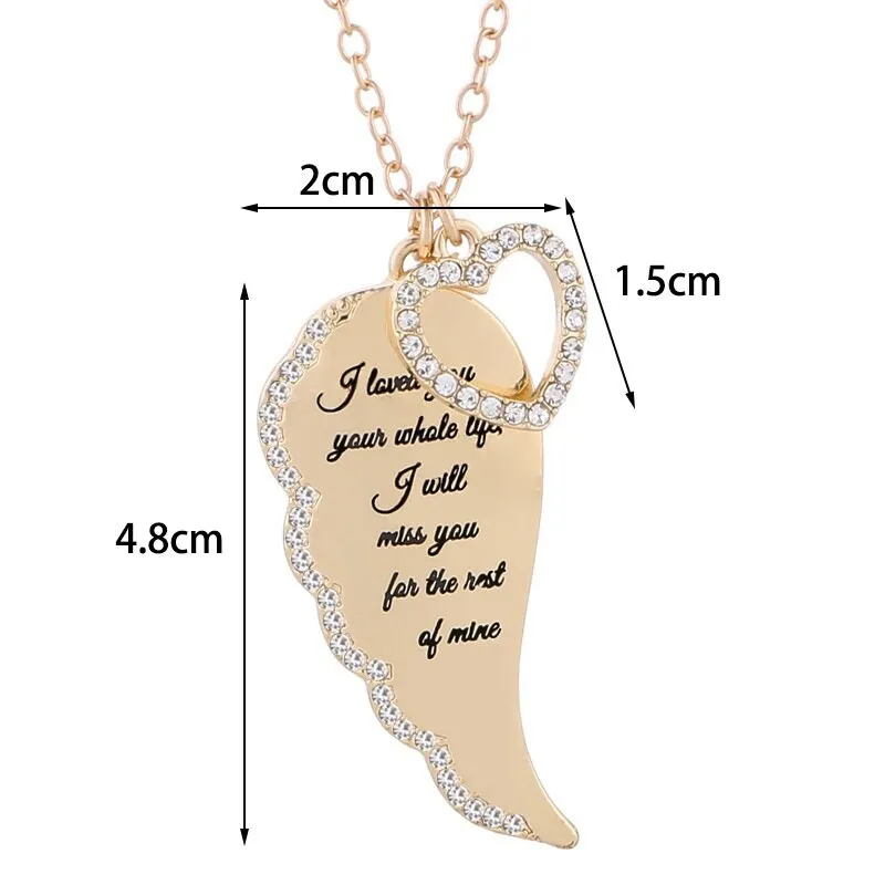 Delysia King Women&#39;s Angel Wings Love Pendant Trendy Metal Crystal Inlay Printing Hollowed Out Heart Necklace