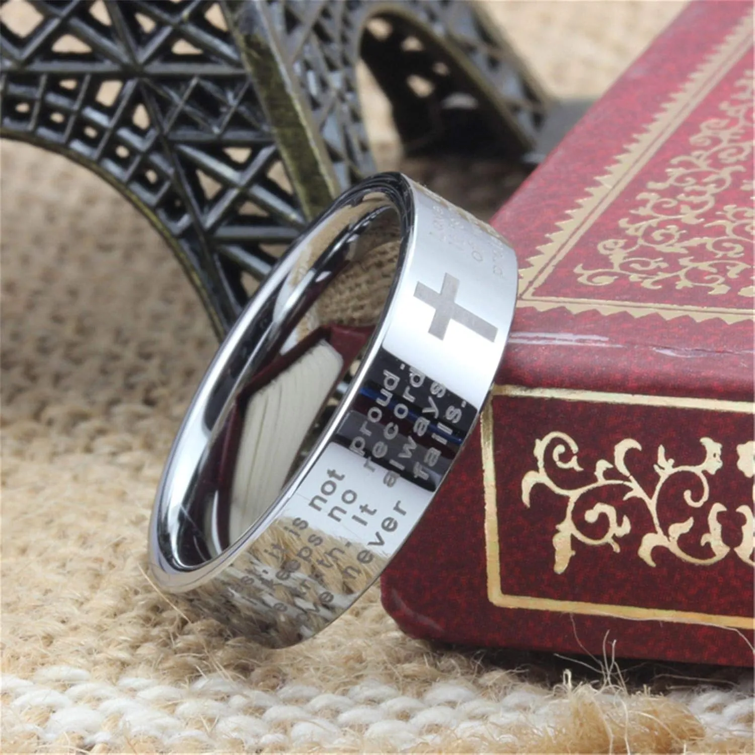Fashion Month Men Women 6mm Tungsten Carbide White Ring Engraved English Bible Verses About Love Cross Band for Her Him