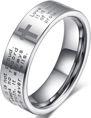 Fashion Month Men Women 6mm Tungsten Carbide White Ring Engraved English Bible Verses About Love Cross Band for Her Him