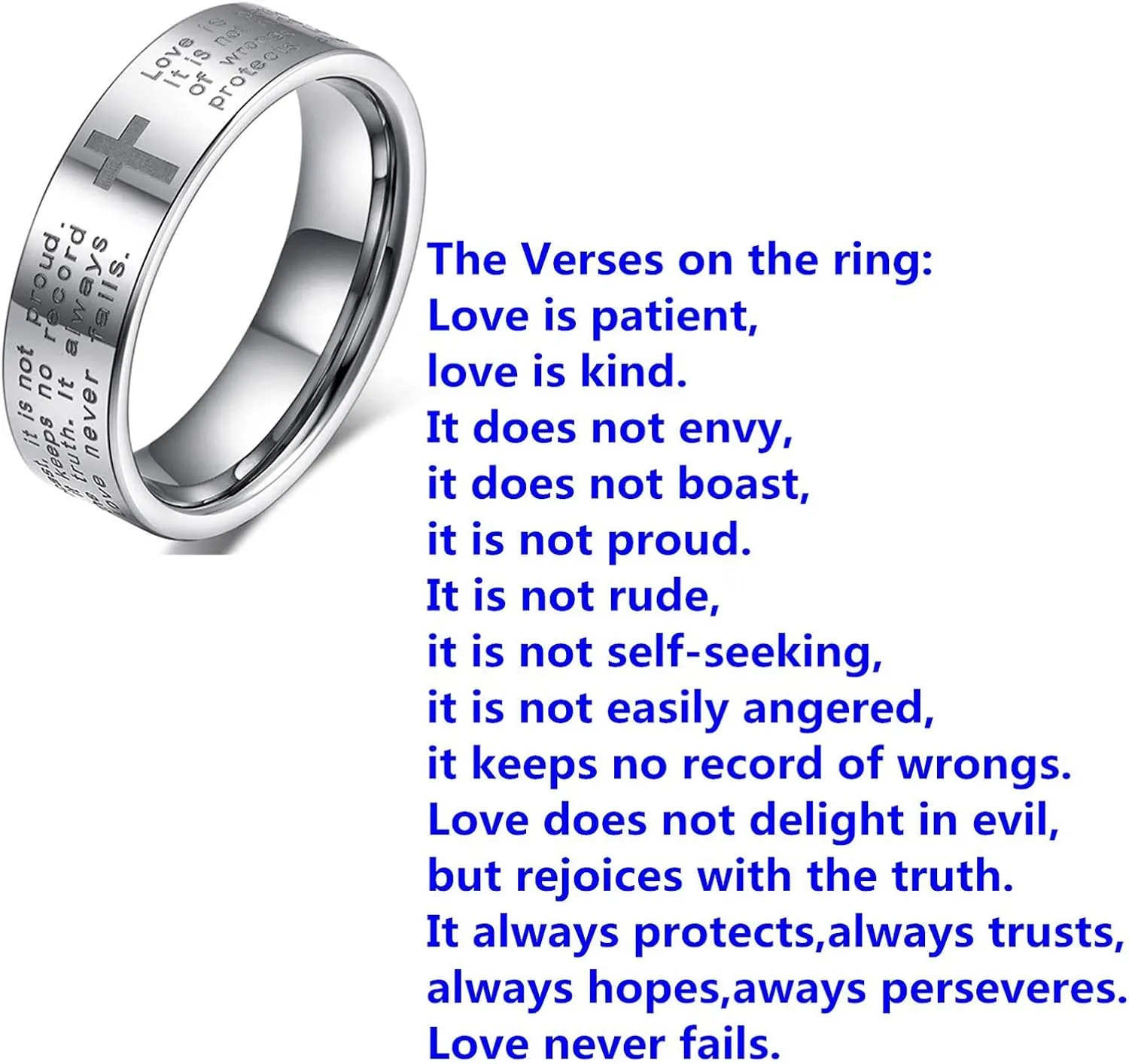 Fashion Month Men Women 6mm Tungsten Carbide White Ring Engraved English Bible Verses About Love Cross Band for Her Him