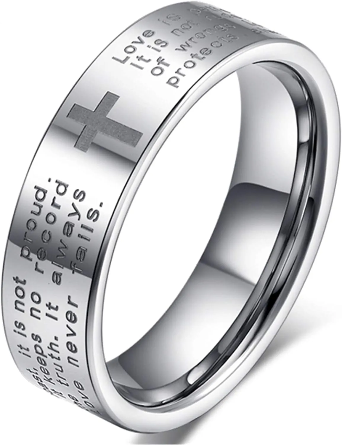Fashion Month Men Women 6mm Tungsten Carbide White Ring Engraved English Bible Verses About Love Cross Band for Her Him