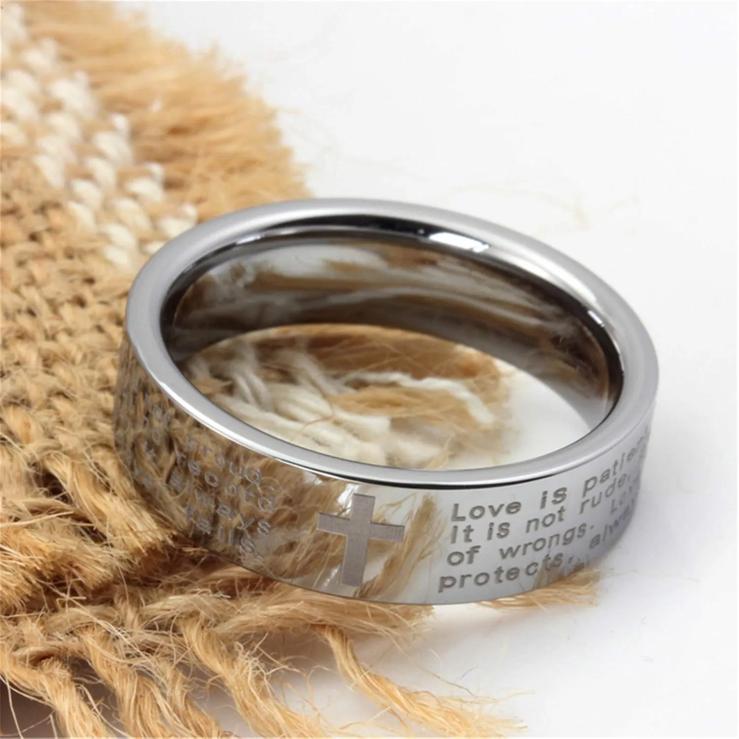 Fashion Month Men Women 6mm Tungsten Carbide White Ring Engraved English Bible Verses About Love Cross Band for Her Him