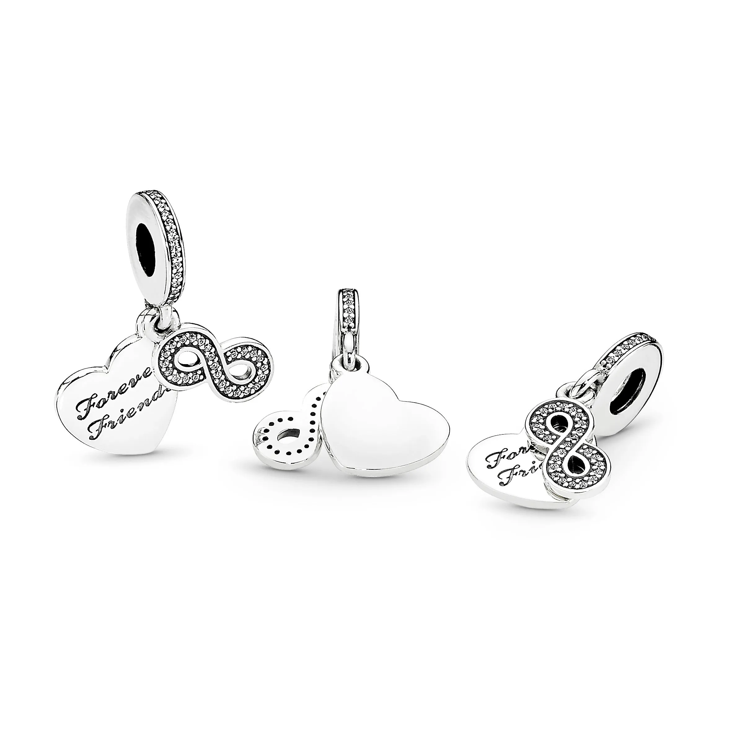 Forever friends heart silver dangle with clear cubic zirconia