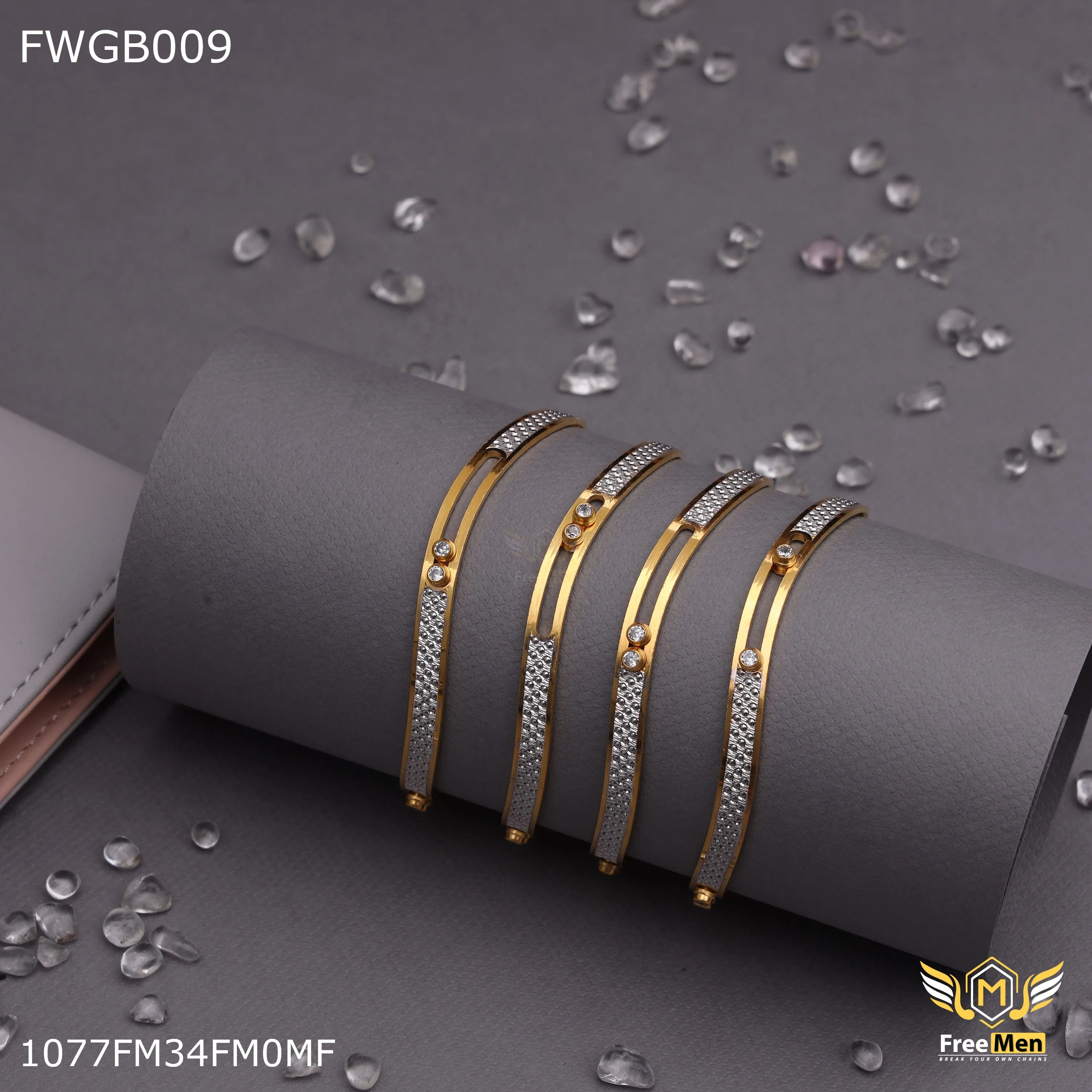 Freemen 1mg floting diamonds bangles gold plated and rhodium for women - FWGB009