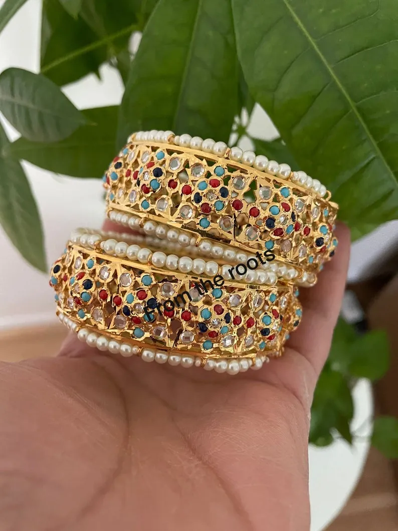 Jaddau Hyderabadi Navratan style openable gold plated kadas/bangles in