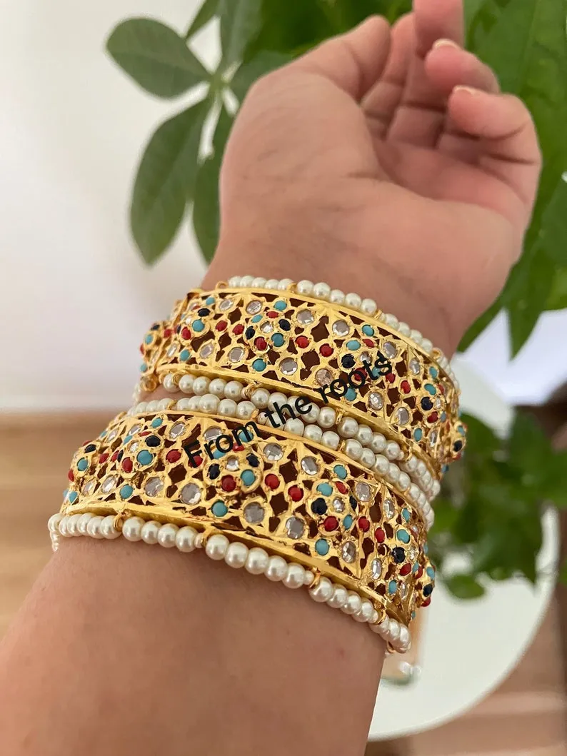 Jaddau Hyderabadi Navratan style openable gold plated kadas/bangles in