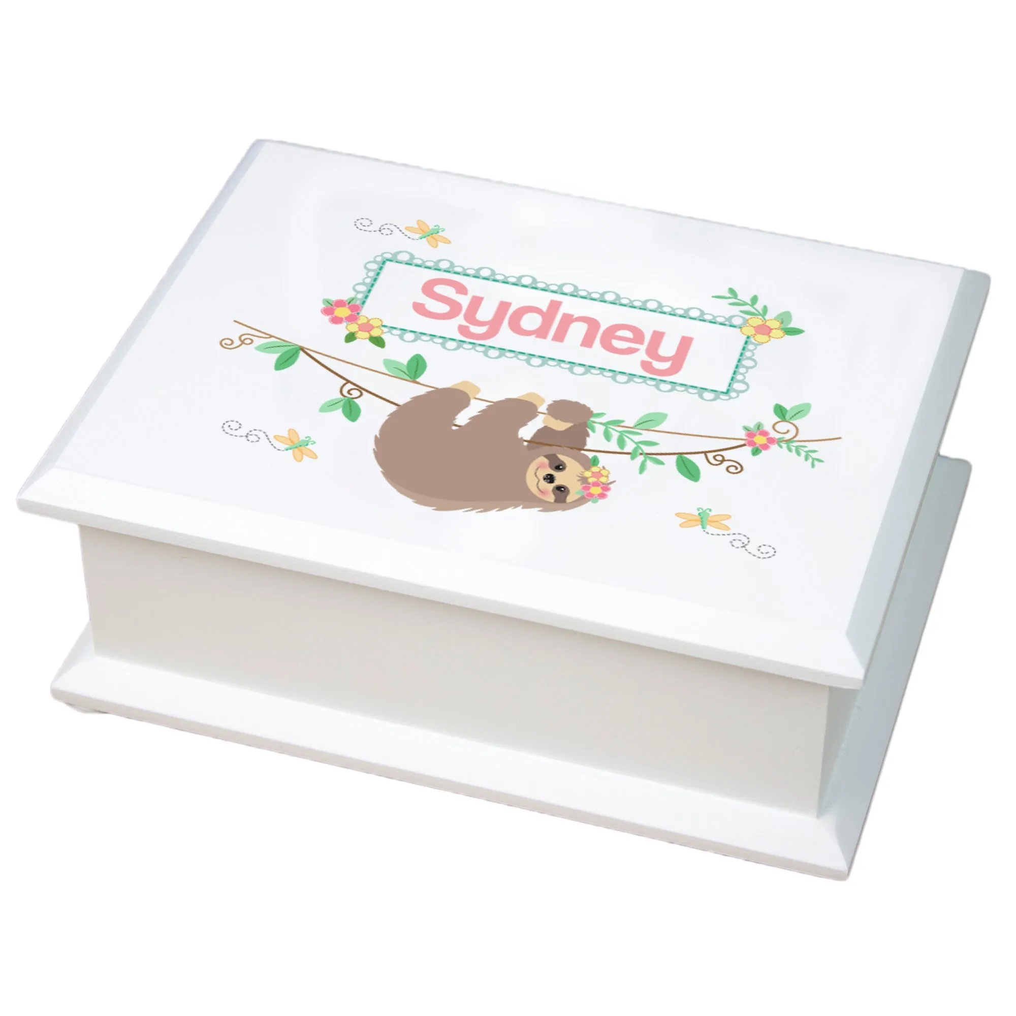 Personalized Lift Top Jewelry Box - Floral Sloth