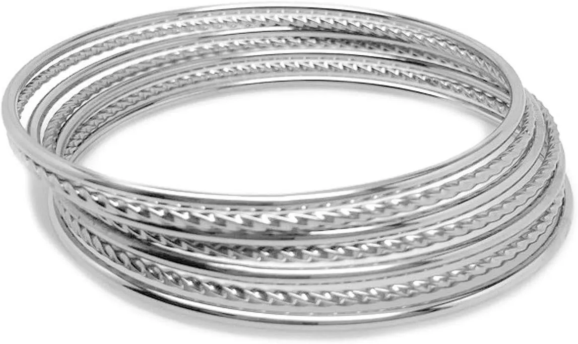 Thin Silver Stainless Steel Textured Bangle Bracelet Set of 7