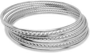 Thin Silver Stainless Steel Textured Bangle Bracelet Set of 7