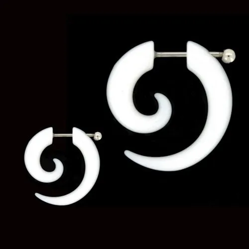 White Acrylic Fake Spiral Ear Taper with Surgical Steel Bar